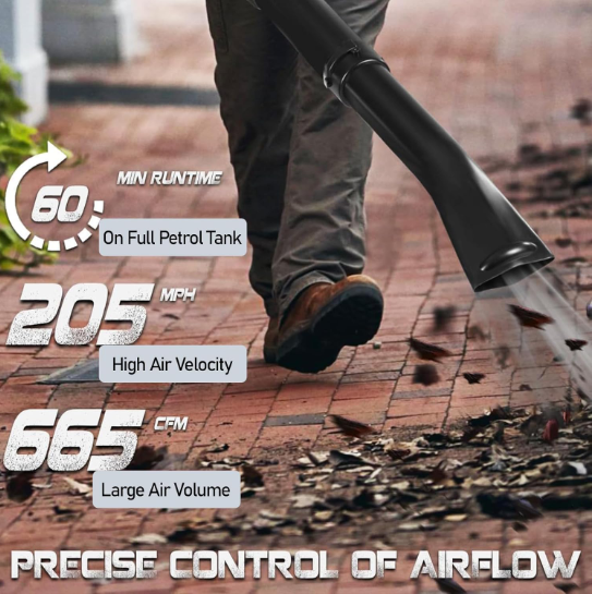 High-power backpack blower clearing leaves and debris