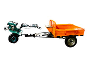 Agricultural trailer for power tillers, designed for easy attachment, field use, and harvest carrying.