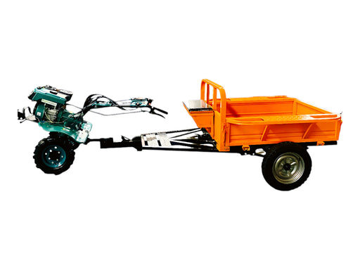 Agricultural trailer for power tillers, designed for easy attachment, field use, and harvest carrying.