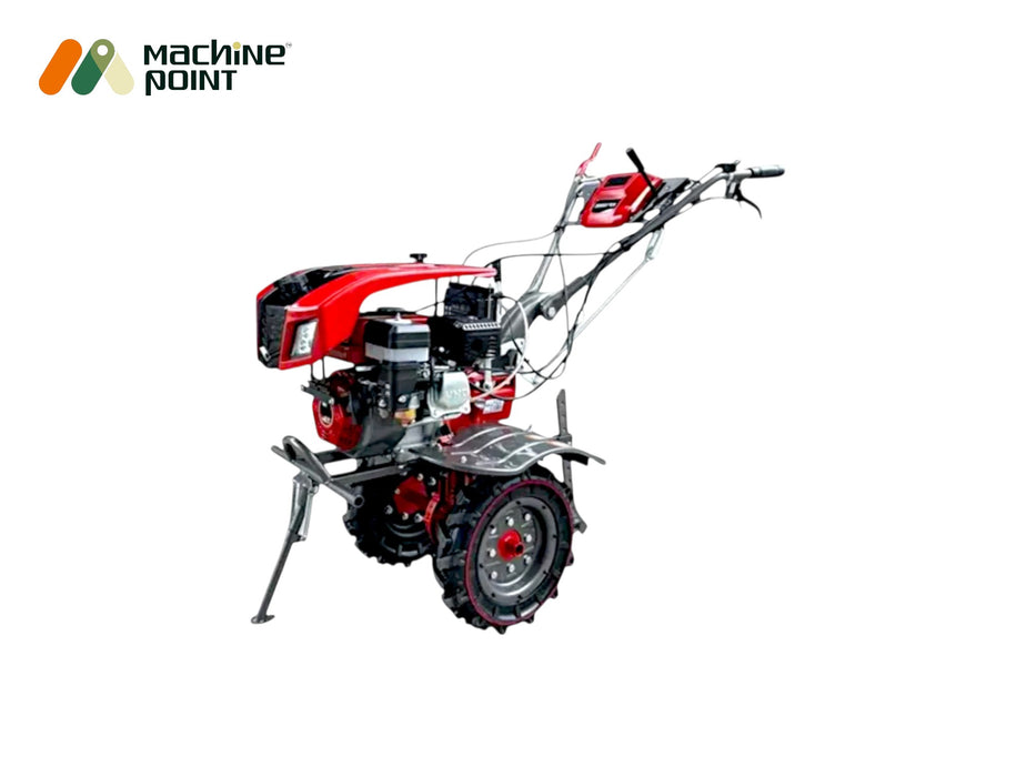 Machine Point power weeder model KPE-1000 featuring electric start, wide tilling width, and solid build.


