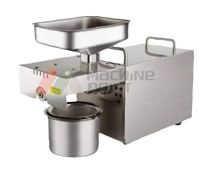 Mini oil mill machine with stainless steel body, hopper feeder, and oil outlet – ideal for cold pressing groundnut, mustard, sesame, and sunflower seeds at home or small businesses.