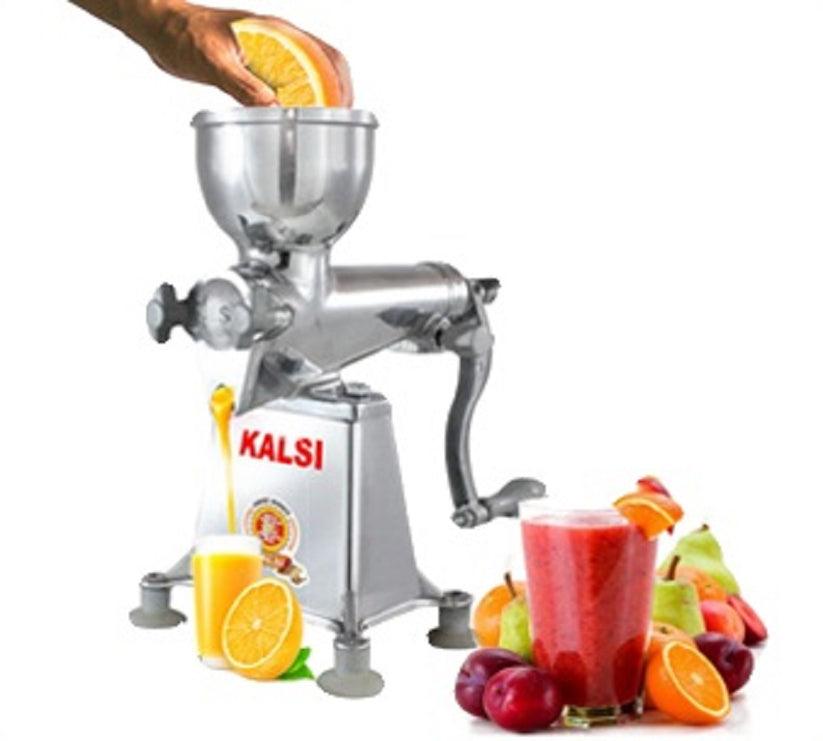 Kalsi Hand Operated Juicer Machine, Silver No 9 - Versatile manual juicer for extracting fresh fruit juices, surrounded by sliced oranges and other colorful fruits.