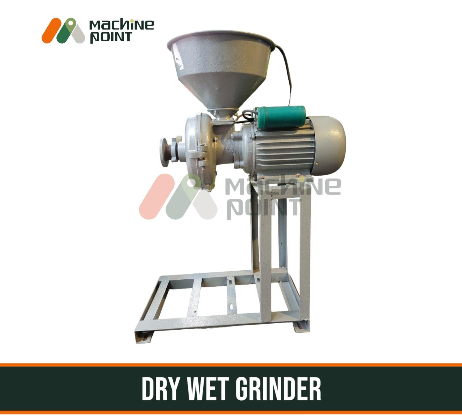 Dry Wet Grinder Machine, a versatile industrial-grade appliance for efficient grinding and processing of various materials, displayed on a metal frame.