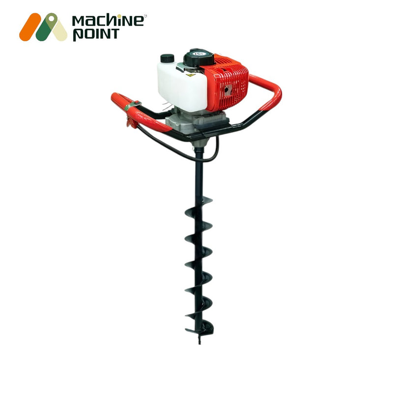 Hole digger machine with petrol engine, accessories, and safety gear

