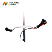2-stroke petrol brush cutter with red trimmer head and double shoulder belt support