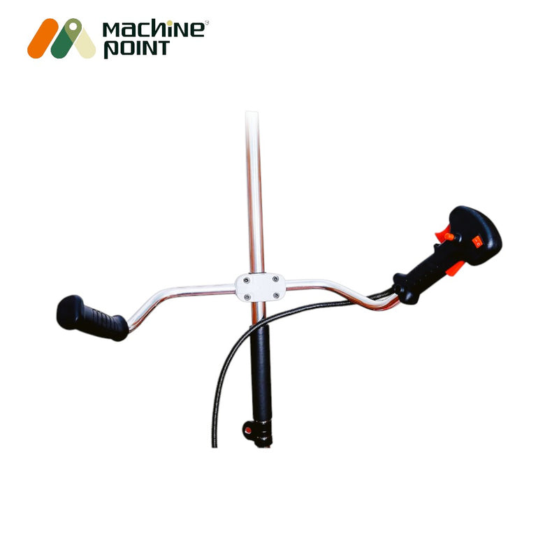 2-stroke petrol brush cutter with red trimmer head and double shoulder belt support