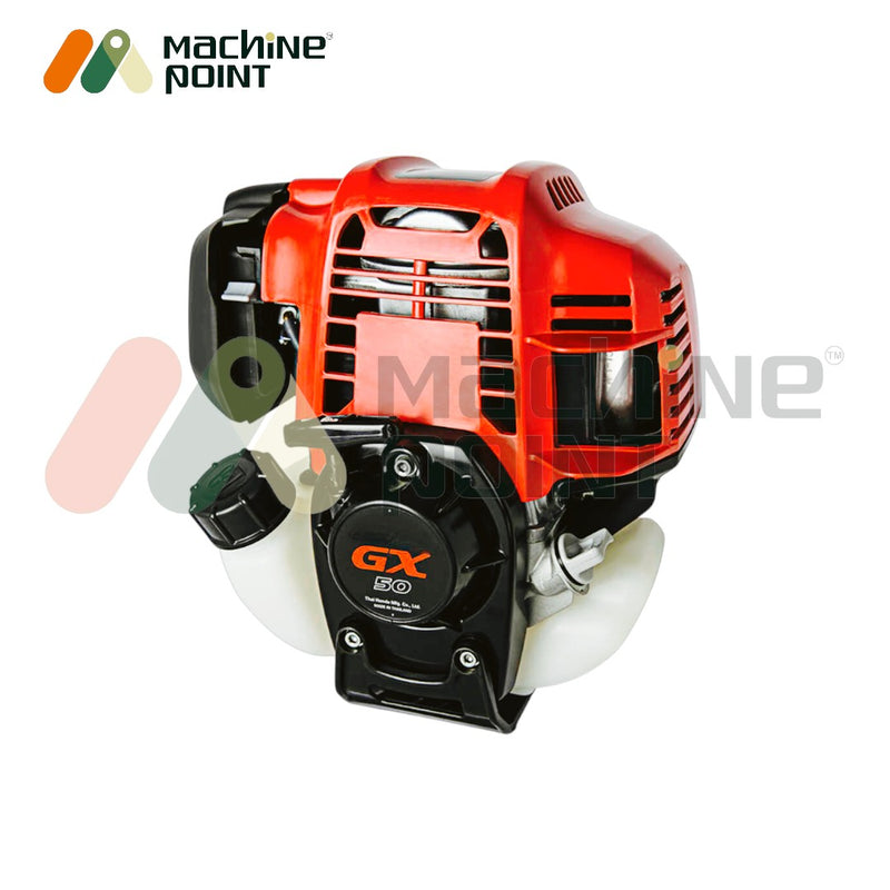 Brush cutter model GT-BG-438-GX50 displayed with blades, helmet, gloves, and accessories

