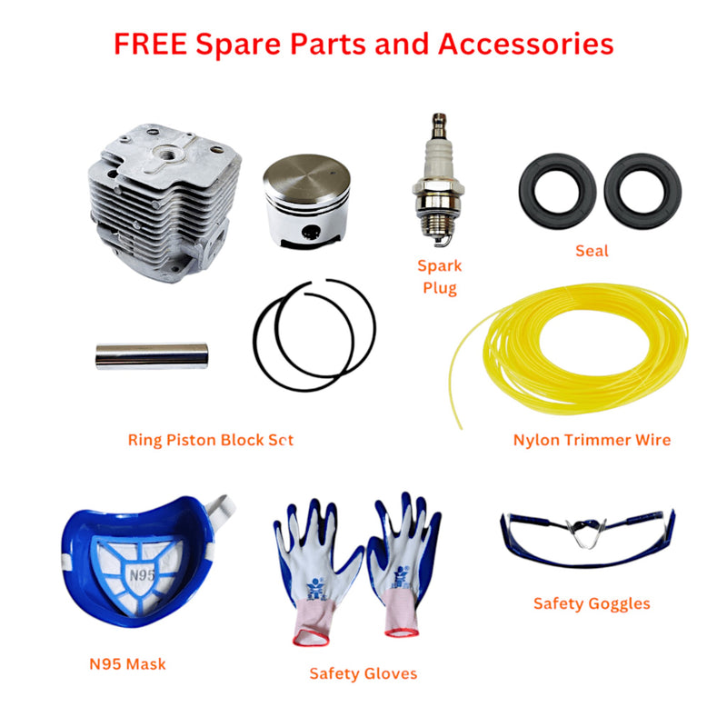 Full kit of GX50 engine brush cutter including metal blade, guard, toolkit, and gloves

