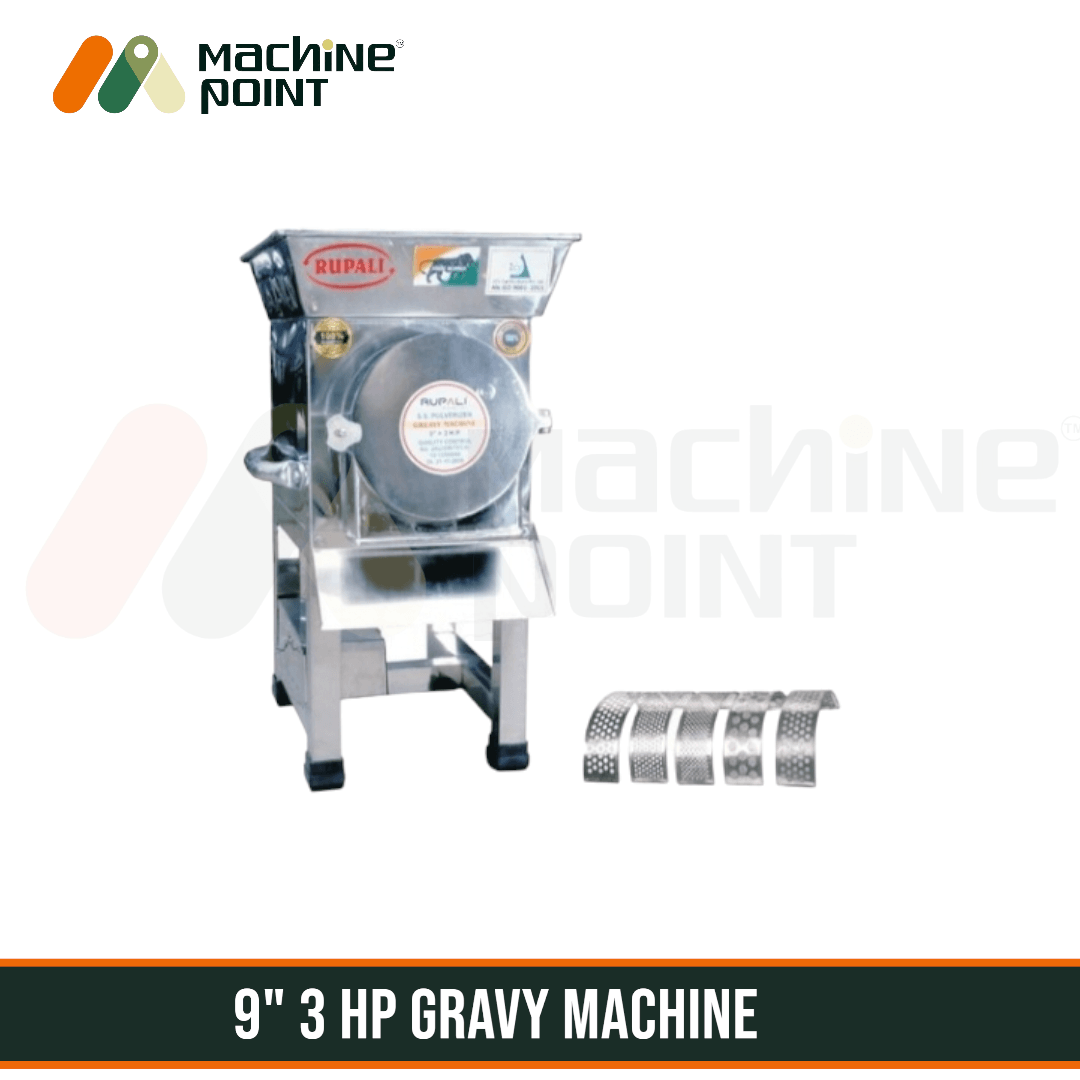 Stainless steel 9" 3HP gravy machine by RUPALI, a high-performance industrial food processing equipment for commercial kitchens and catering operations.