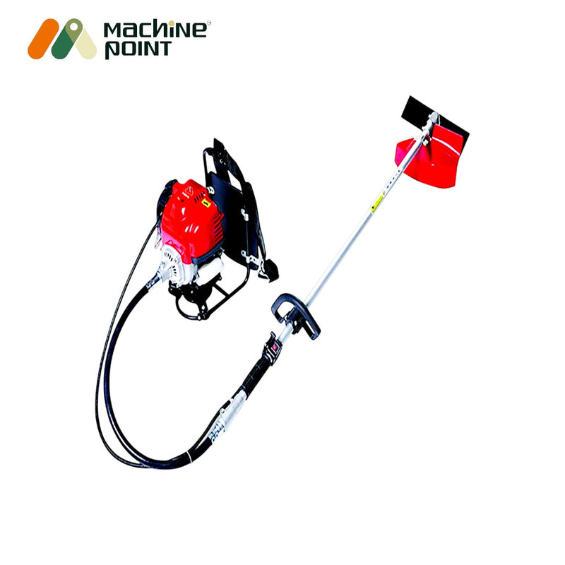 GX35 4-stroke backpack brush cutter with red trimmer head and aluminium shaft

