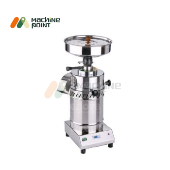 Angled side view of Popular round flour mill with compact tabletop design and brushed steel finish.