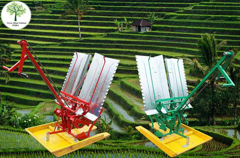 Two-row manual rice transplanter on vibrant green rice terraces, ready for efficient planting on the fertile farmland.