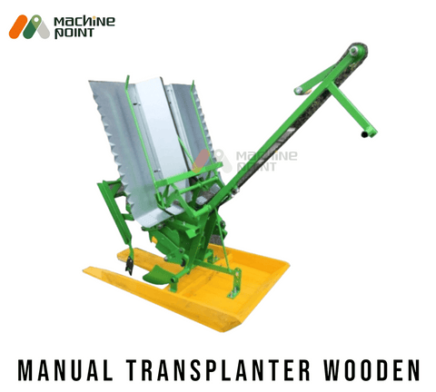 Compact and rugged manual rice transplanter from Machine Point. Features adjustable planting mechanism, sturdy metal frame, and bright green color for easy visibility in the field. Designed for efficient two-row planting of rice seedlings.