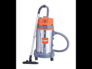 “Side view of dry vacuum cleaner featuring sturdy wheels, ergonomic handle, and lightweight design for easy movement and storage.”