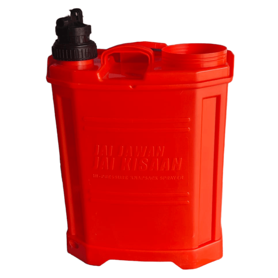 Bright red manual sprayer with black nozzle, displayed in the image. The sprayer, branded "JAI JAWAN 18 LTR", is a product from RENOLEX and appears to be designed for agricultural or industrial use.