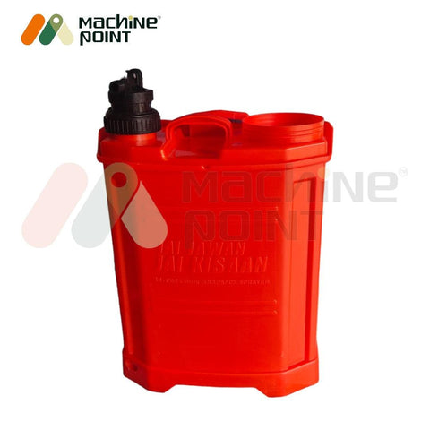 MANUAL SPRAYER JAI JAWAN 18 LTR - Rugged red plastic agricultural sprayer with nozzle, for efficient crop and plant care.