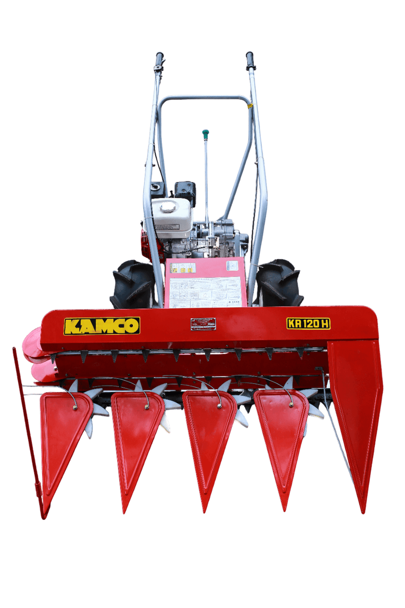 Rear view of Kamco Power Reaper with adjustable handle, clutch controls, and right-side crop release system