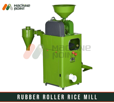 Rubber Roller Rice Mill - Efficient agriculture machinery for commercial food processing, featuring a green metal body and funnel for milling millet grains.