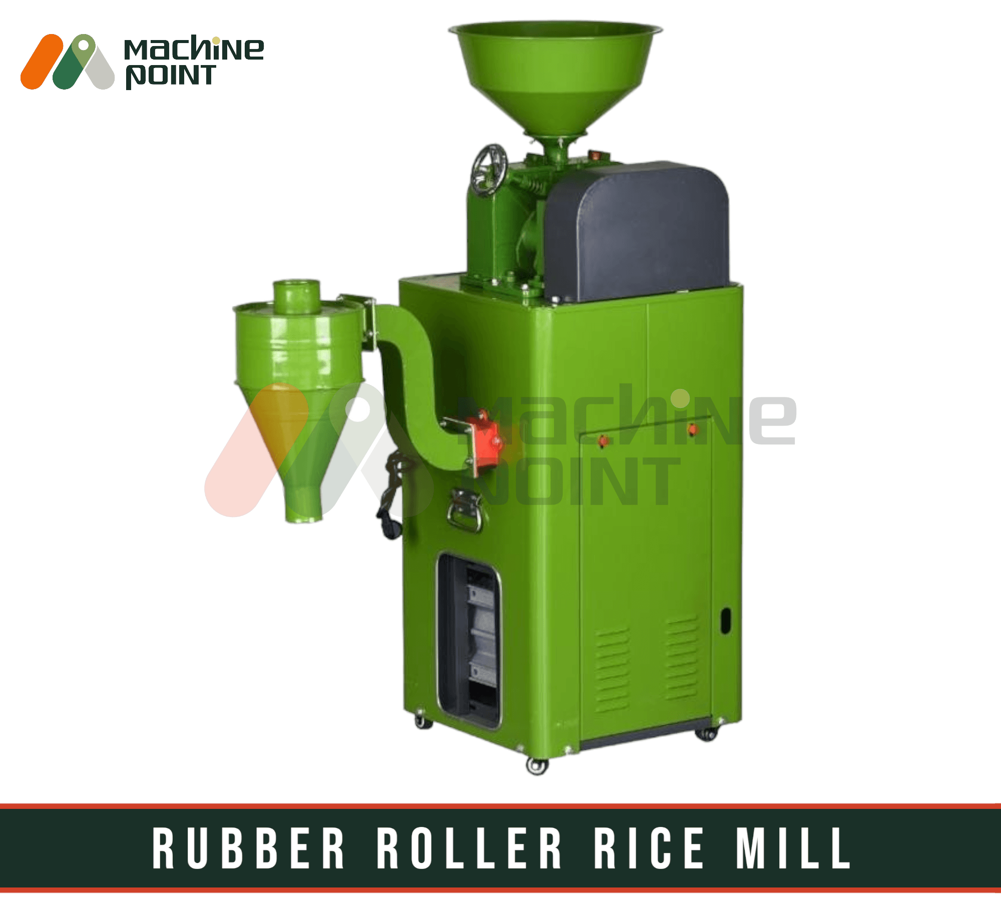 Rubber Roller Rice Mill - Compact and efficient milling machine from Machine Point's industrial agriculture equipment line. Featuring a sturdy green body, grinder, and outlet for processed grains.