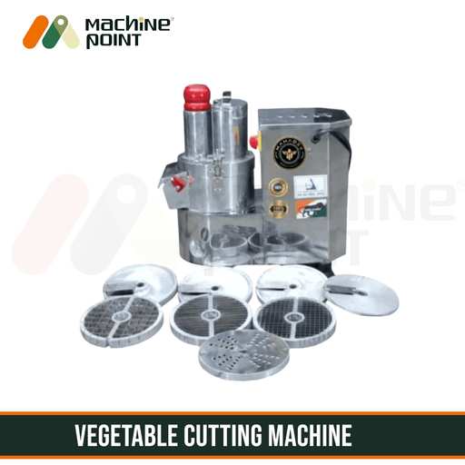 Stainless steel VEGETABLE CUTTING MACHINE by RUPALI with various cutting discs for efficient slicing, dicing, and shredding of produce in a commercial kitchen or food processing setting.